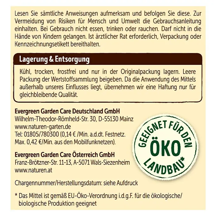 Substral Naturen Grundstoff Urtica - 1 l - Informationen zu Lagerung, Entsorgung und Kontaktdaten von Evergreen Garden Care Deutschland & Österreich sowie Öko-Landbau-Siegel.