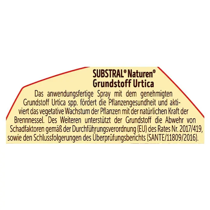 Substral Naturen Grundstoff Urtica - 750 ml - Nahaufnahme des Etiketts von Substral Naturen Grundstoff Urtica, einem Pflanzenschutzmittel mit Brennnessel, zur Förderung der Pflanzengesundheit.