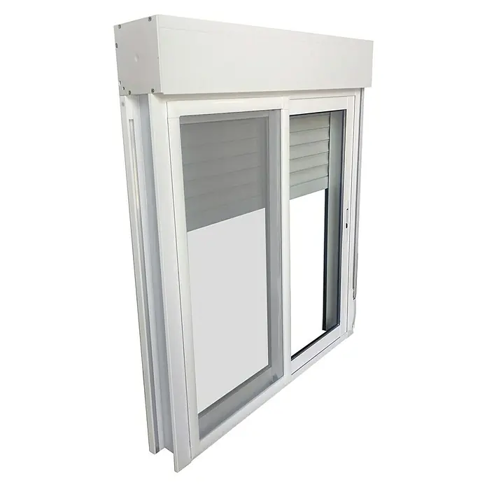 Solid Elements Ventana de aluminio corredera - 120 x 115 cm, Blanco - Esta imagen muestra una ventana con persianas enrollables. Las ventanas son blancas y tienen dos hojas, una de ellas abierta.