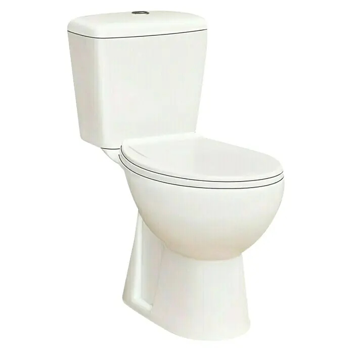 Pack de WC + bidé Bahía - Con borde de descarga, Salida WC: Vertical, Blanco - Primer plano de un inodoro blanco con cisterna, que muestra sanitarios e higiene en baños modernos.