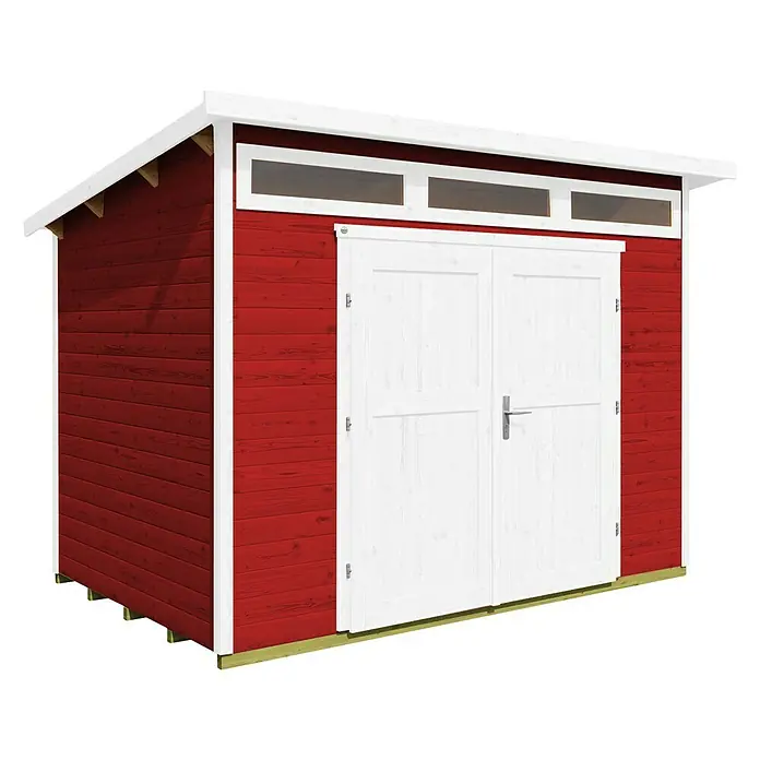 Weka Gartenhaus 264 Gr. 3 - Außenmaß inkl. Dachüberstand (B x T): 330 x 249 cm, Holz, Schwedenrot - Geräumiges, rot gestrichenes Gartenhaus mit weißer Tür und weißen Fensterrahmen, ideal zur Aufbewahrung von Gartengeräten und Werkzeugen.