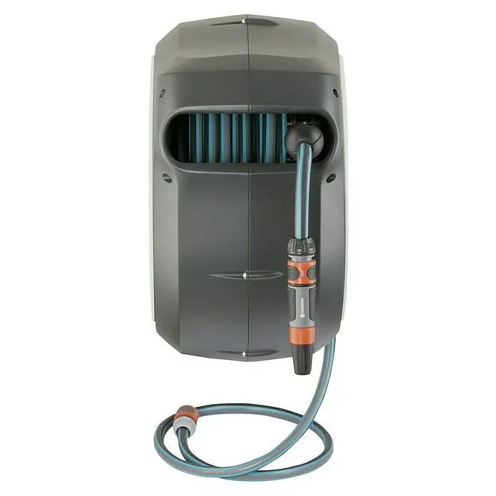 Gardena Wand-Schlauchbox RollUp M/L - Schlauchlänge: 25 m - Gardena Wand-Schlauchbox mit grauem Gehäuse und blau gestreiftem Schlauch für eine einfache Gartenbewässerung.
