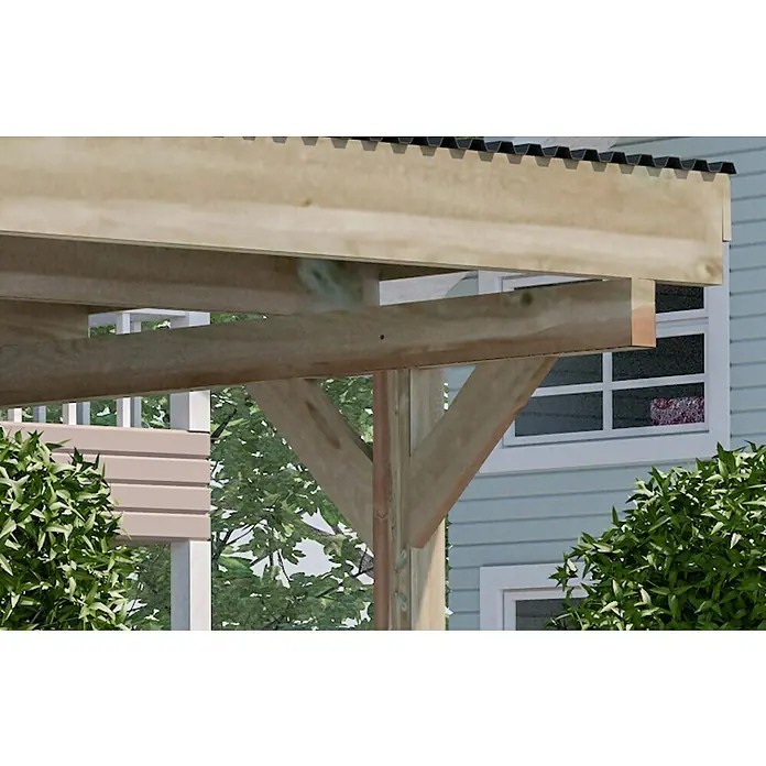 Weka Carport 616 A - Außenmaß inkl. Dachüberstand (B x T): 5 x 5 m, Doppelcarport, Kesseldruckimprägniert, Einfahrtshöhe: 2,17 m - Nahaufnahme der Holzkonstruktion einer Pergola, die eine solide Bauweise und natürliche Materialien hervorhebt.
