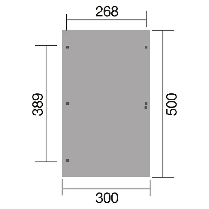 Weka Carport 606 A - Außenmaß inkl. Dachüberstand (B x T): 3 x 5 m, Einzelcarport, Kesseldruckimprägniert - Detailzeichnung eines grauen Rechtecks mit den Maßen 268 x 300 mm Breite und 389 x 500 mm Länge. Eine informative Darstellung.