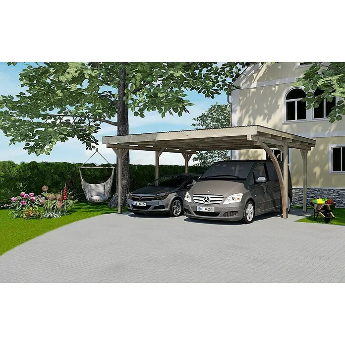 Weka Carport 616 A - Außenmaß inkl. Dachüberstand (B x T): 5 x 5 m, Doppelcarport, Kesseldruckimprägniert, Einfahrtshöhe: 2,17 m - Ein Carport aus Holz bietet Schutz für zwei Autos vor den Elementen. Das Design fügt sich nahtlos in die grüne Umgebung des Hauses ein.
