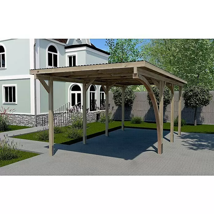 Weka Carport 606 A - Außenmaß inkl. Dachüberstand (B x T): 3 x 6 m, Einzelcarport, Kesseldruckimprägniert - Hölzernes Carport mit Wellplattendach, im Garten neben einem Haus. Bietet geschützten Parkplatz.