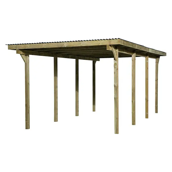 Weka Carport 606 - Außenmaß inkl. Dachüberstand (B x T): 3 x 6 m, Einzelcarport, Kesseldruckimprägniert - Carport-Struktur aus hellem Holz mit überdachtem Dach. Optimal als Unterstand für Fahrzeuge oder als gemütlicher Sitzbereich im Freien.
