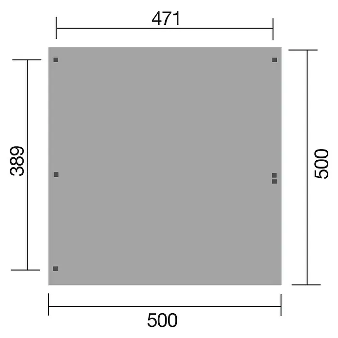 Weka Carport 616 - Außenmaß inkl. Dachüberstand (B x T): 5 x 5 m, Doppelcarport, Kesseldruckimprägniert, Einfahrtshöhe: 2,25 m - Technische Zeichnung einer quadratischen Platte mit den Maßen 500x500 mm und einer Aussparung von 471x389 mm.