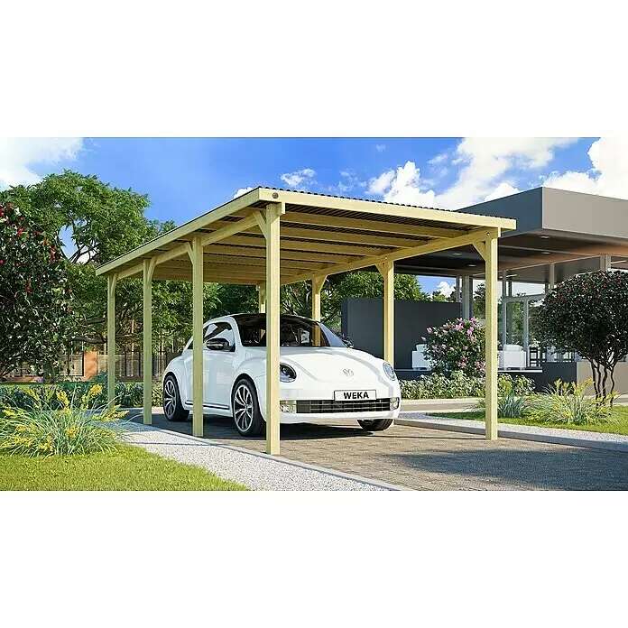 Weka Carport 606 - Außenmaß inkl. Dachüberstand (B x T): 3 x 6 m, Einzelcarport, Kesseldruckimprägniert - Holzcarport mit Wellplattendach, schützt ein weißes Auto in einem modernen Gartenambiente.