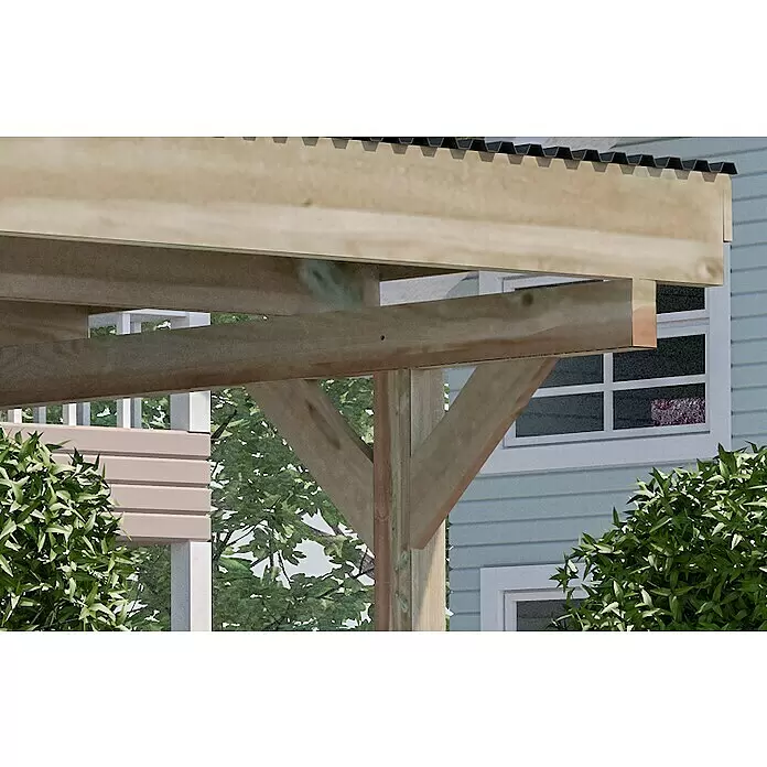 Weka Carport 616 - Außenmaß inkl. Dachüberstand (B x T): 5 x 5 m, Doppelcarport, Kesseldruckimprägniert, Einfahrtshöhe: 2,25 m - Outdoor-Pergola aus hellem Holz mit schwarzem Wellblechdach und Holzstreben.