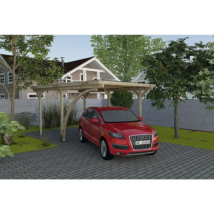 Weka Carport 606 A - Außenmaß inkl. Dachüberstand (B x T): 3 x 5 m, Einzelcarport, Kesseldruckimprägniert - Ein roter Audi Q7 parkt unter einem Holzcarport mit geschwungenen Trägern, der Schutz vor den Elementen bietet. Das Carport fügt sich nahtlos in den Garten ein.