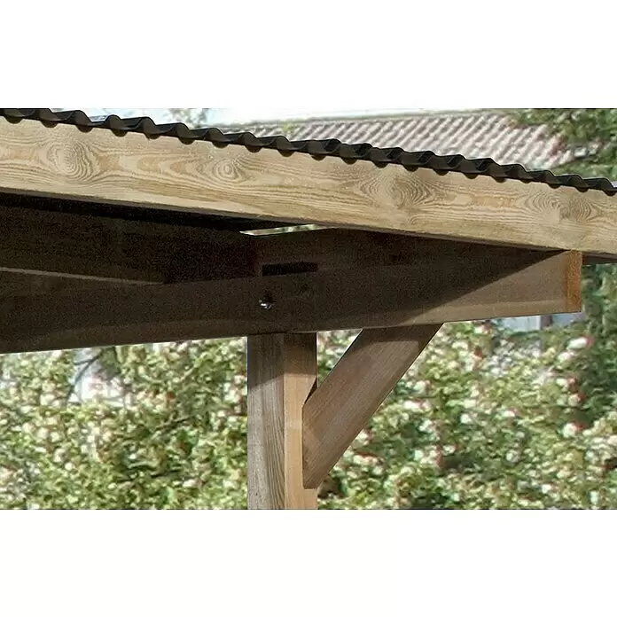 Weka Carport 606 A - Außenmaß inkl. Dachüberstand (B x T): 3 x 5 m, Einzelcarport, Kesseldruckimprägniert - Nahaufnahme eines Holzpergola-Trägers, der ein Wellblechdach in einer Außenumgebung trägt.