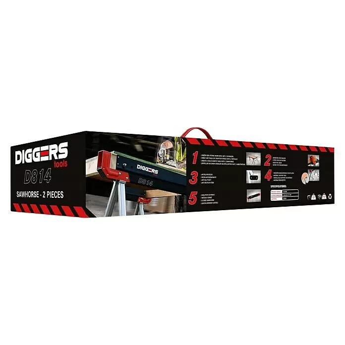 Caballete metálico Diggers - 2 ud., Abatible - Embalaje negro y rojo para juego de 2 caballetes de acero DIGGERS D814, con características y especificaciones del producto.