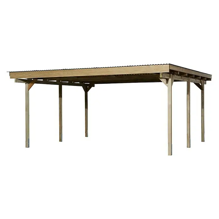 Weka Carport 616 - Außenmaß inkl. Dachüberstand (B x T): 5 x 5 m, Doppelcarport, Kesseldruckimprägniert, Einfahrtshöhe: 2,25 m - Ein hölzerner Unterstand mit einem Dach. Er hat mehrere Stützpfosten und ist ideal, um Autos oder andere Gegenstände vor Witterungseinflüssen zu schützen.
