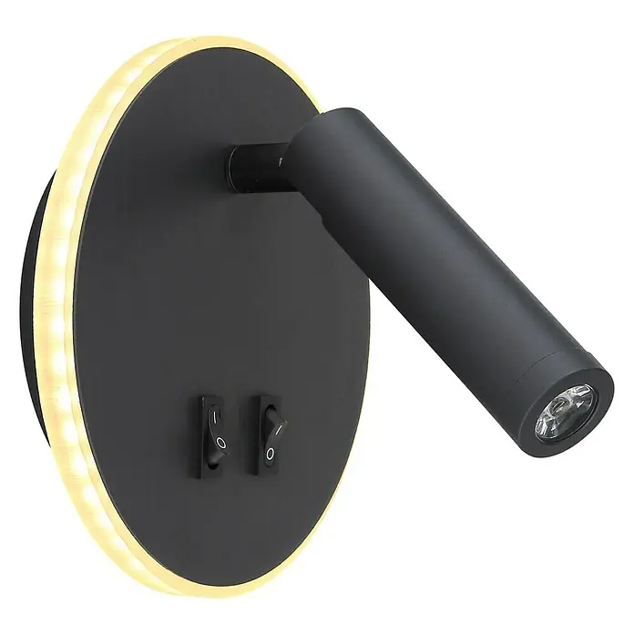 Globo LED-Wandleuchte MANY - 6 W, Schwarz, Warmweiß, 14,6 x 14,6 cm - Moderne schwarze Wandleuchte mit kreisförmiger LED-Hintergrundbeleuchtung und verstellbarem Spot für gezielte Beleuchtung.