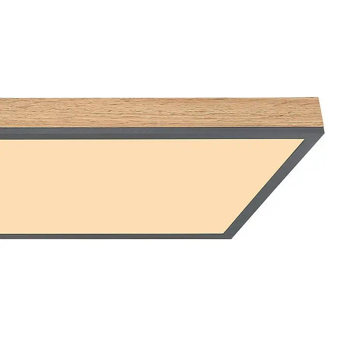 Globo Doro LED-Panel Holzoptik - 36 W, 120 x 30 cm, Holzoptik/Graphit, Warmweiß - Nahaufnahme einer modernen LED-Deckenleuchte mit Holzrahmen und warmem, diffusem Licht. Perfekt für stilvolle Innenräume.