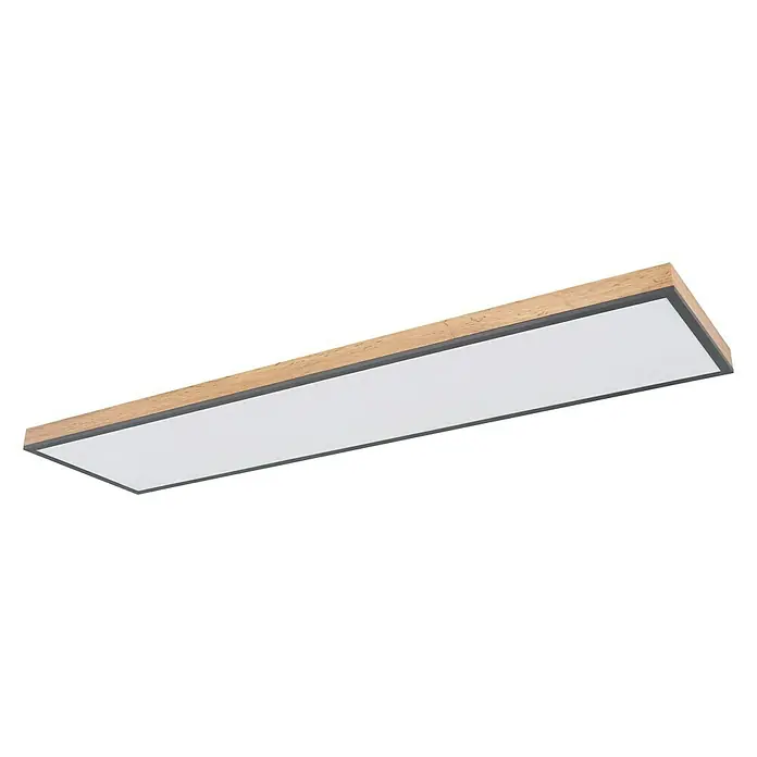 Globo Doro LED-Panel Holzoptik - 36 W, 120 x 30 cm, Holzoptik/Graphit, Warmweiß - Eine moderne Deckenleuchte in rechteckiger Form mit Holzrahmen und weißer Lichtfläche. Das Design ist schlicht und elegant.