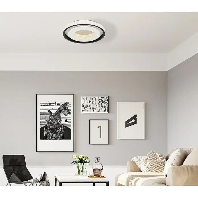 Globo LED-Deckenleuchte rund LUCKY - 52 W, Ø x H: 500 mm x 8 cm, Weiß, Warmweiß - Diese Deckenleuchte besticht durch ihr modernes Design, das jeden Raum aufwertet. Die runde Form und die Kombination aus Schwarz und Weiß machen sie zum Hingucker.