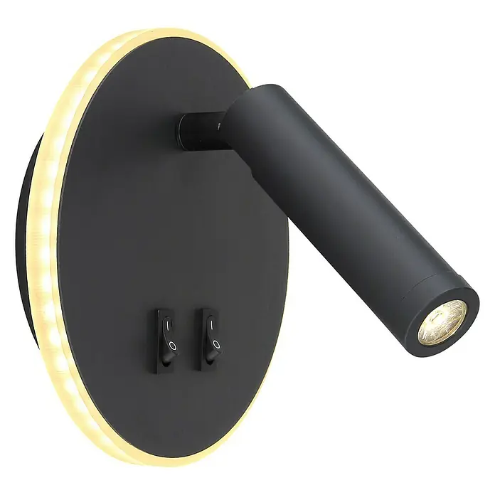 Globo LED-Wandleuchte MANY - 6 W, Schwarz, Warmweiß, 14,6 x 14,6 cm - Schwarze Wandleuchte mit LED-Kreis und flexiblem Spot für gezieltes Licht, ideal als Leseleuchte.