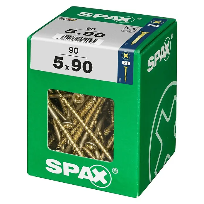 Spax Universalschraube - 5 x 90 mm, Teilgewinde, 90 Stk. - Produktaufnahme einer grünen Spax Schraubenbox mit gelben Holzschrauben und Größenangabe 5 x 90.