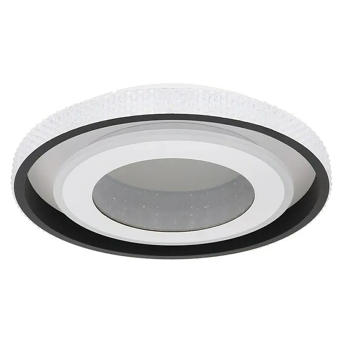 Globo LED-Deckenleuchte rund LUCKY - 52 W, Ø x H: 500 mm x 8 cm, Weiß, Warmweiß - Nahaufnahme einer runden LED-Deckenleuchte mit Kristallakzenten und einem modernen Design auf schwarzem Hintergrund.