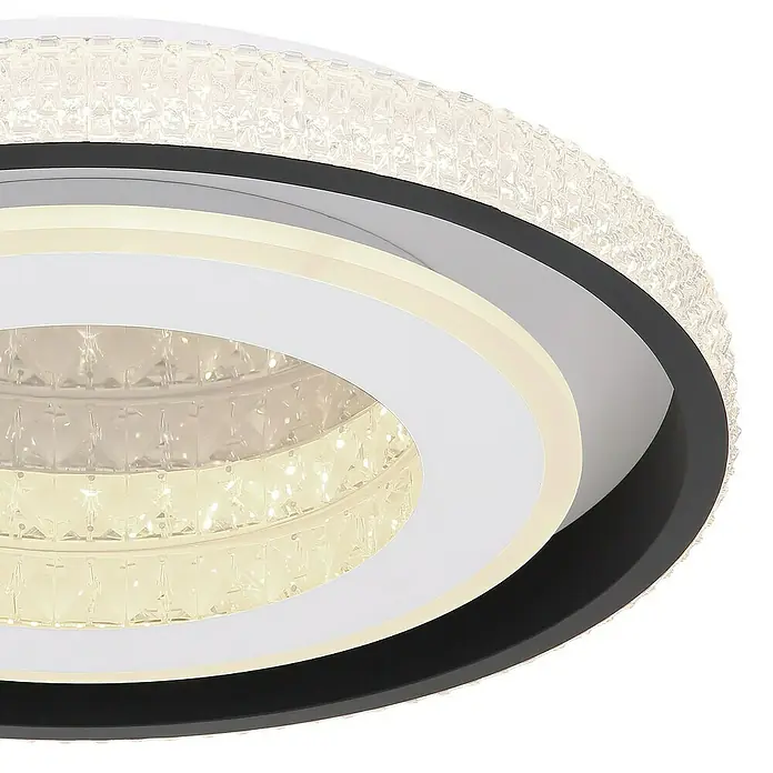 Globo LED-Deckenleuchte rund LUCKY - 52 W, Ø x H: 500 mm x 8 cm, Weiß, Warmweiß - Nahaufnahme einer modernen LED-Deckenleuchte mit Kristallakzenten und kreisförmigem Design, ideal für stilvolle Innenräume.