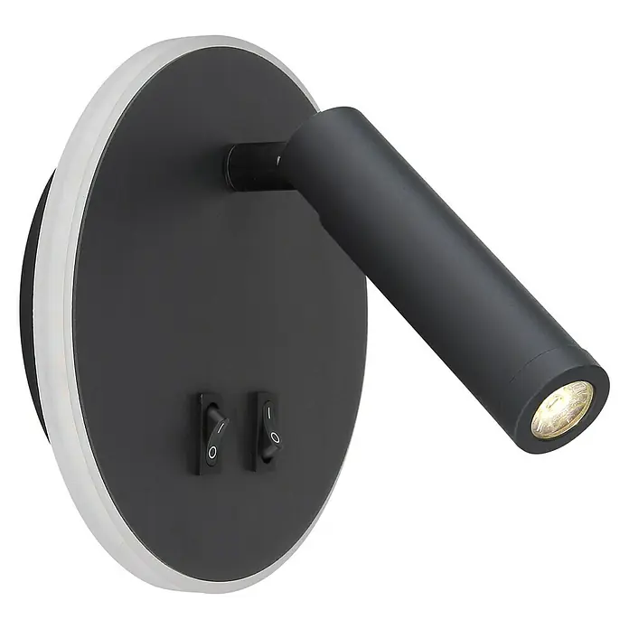 Globo LED-Wandleuchte MANY - 6 W, Schwarz, Warmweiß, 14,6 x 14,6 cm - Nahaufnahme einer modernen, schwarzen Wandleuchte mit LED-Spot und Schaltern, ideal für Schlafzimmer oder Leseecken.
