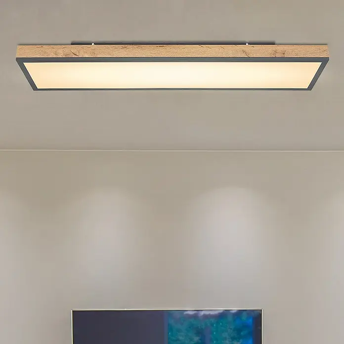 Globo Doro LED-Panel Holzoptik - 36 W, 120 x 30 cm, Holzoptik/Graphit, Warmweiß - Moderne Deckenleuchte mit Holzrahmen und warmweißem Licht für eine angenehme Atmosphäre im Raum.