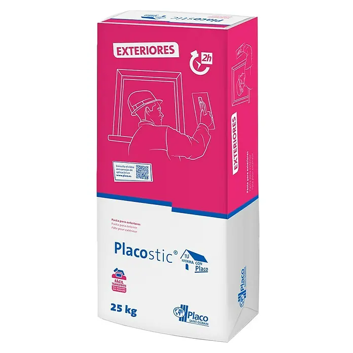 Placo Saint-Gobain Mortero de cemento Placostic Exteriores - 25 kg, Apto para: Revoques - Imagen de un saco de yeso exterior Placostic, ideal para reformar fachadas, saco de 25 kg.