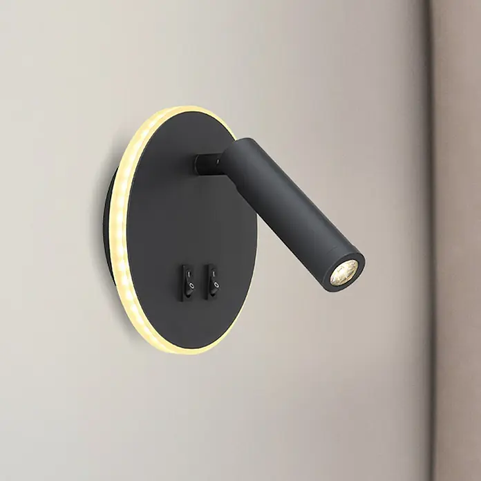 Globo LED-Wandleuchte MANY - 6 W, Schwarz, Warmweiß, 14,6 x 14,6 cm - Wandleuchte in Schwarz mit LED-Hintergrundbeleuchtung und verstellbarem Spot für gezieltes Licht, ideal als Leselampe.