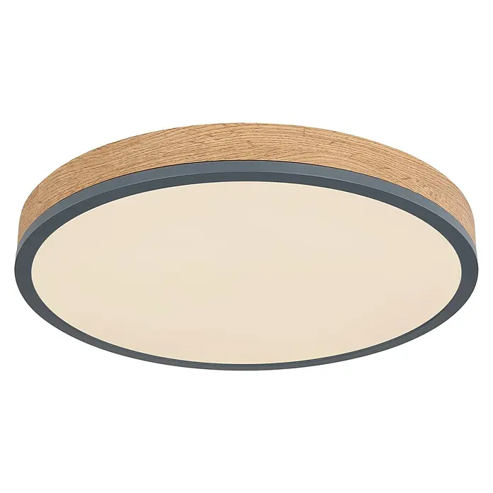 Globo Doro LED-Deckenleuchte rund Holzoptik - 24 W, Durchmesser: 45 cm, Graphit/Holzoptik, Mehrfarbig - Nahaufnahme einer runden Deckenleuchte mit Holzrand und grauem Akzent, die ein warmes, diffuses Licht ausstrahlt.