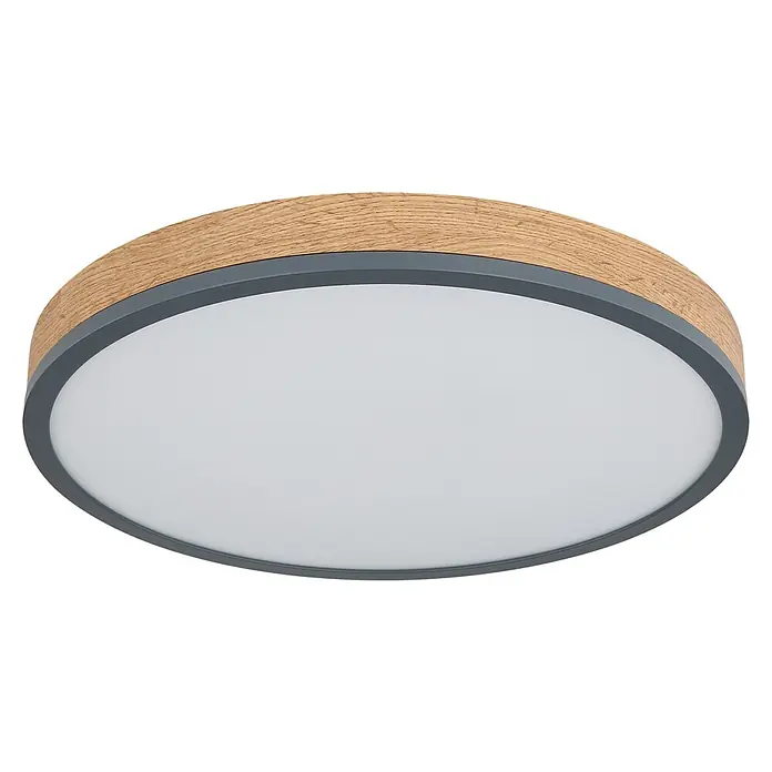 Globo Doro LED-Deckenleuchte rund Holzoptik - 24 W, Durchmesser: 45 cm, Graphit/Holzoptik, Mehrfarbig - Nahaufnahme einer runden Deckenleuchte mit Holzrahmen und grauem Rand, die ein modernes und stilvolles Design zeigt.