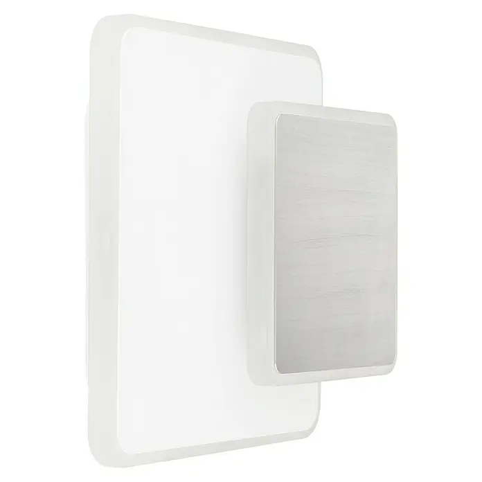 Globo LED-Wandleuchte MANY - 12 W, L x B x H: 17 x 20 x 17 cm, Weiß, Warmweiß - Nahaufnahme einer quadratischen, weißen Wandleuchte mit einer kleineren, silberfarbenen quadratischen Platte.