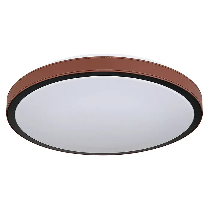 Globo LED-Deckenleuchte rund SAMMI - 24 W, Ø x H: 420 mm x 9,5 cm, Dunkelbraun, Warmweiß - Diese Nahaufnahme zeigt eine elegante runde Deckenleuchte mit einem braunen Lederakzent und einer schwarzen Einfassung.