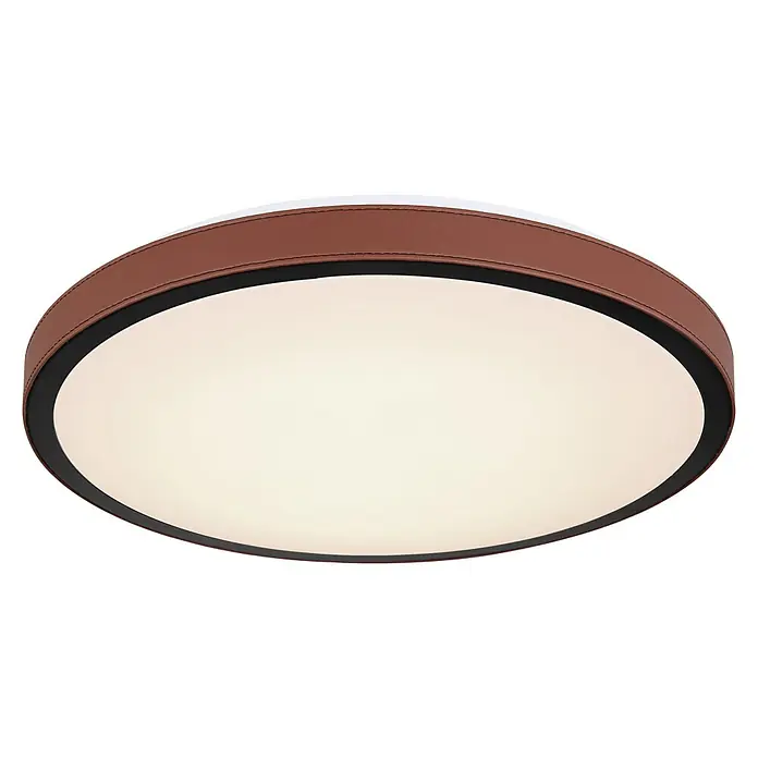 Globo LED-Deckenleuchte rund SAMMI - 24 W, Ø x H: 420 mm x 9,5 cm, Dunkelbraun, Warmweiß - Diese Deckenleuchte mit einem braunen Lederrahmen und einem schwarzen Rand ist ein echter Hingucker und sorgt für eine angenehme Beleuchtung.