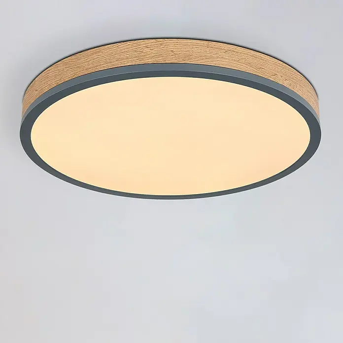 Globo Doro LED-Deckenleuchte rund Holzoptik - 24 W, Durchmesser: 45 cm, Graphit/Holzoptik, Mehrfarbig - Moderne Deckenleuchte mit Holzoptik-Rand und grauem Akzent, die ein warmes Licht abstrahlt und eine gemütliche Atmosphäre schafft.