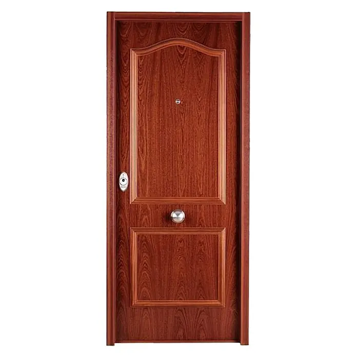 SegureStil Puerta de entrada interior S105 Serie V - 90 x 206 cm, Derecha, Sapelly, Acorazada - Puerta de madera marrón con herrajes plateados. La puerta tiene un aspecto clásico y una superficie lisa con una veta fina.
