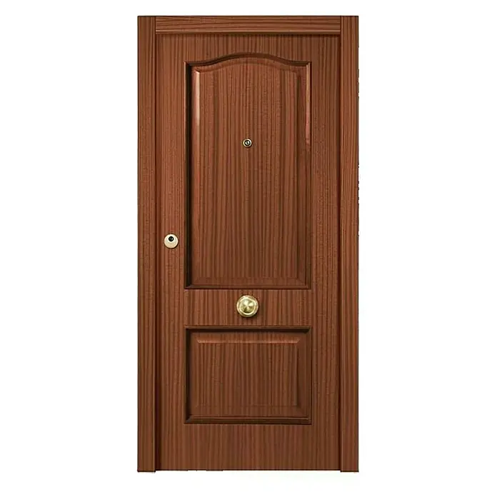 BHS Málaga Puerta de entrada interior - 82,5 x 203 cm, Derecha, Semiblindada - Puerta de madera marrón con vetas verticales, pomo dorado, mirilla y herrajes para una entrada segura y elegante.