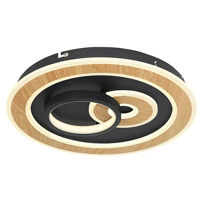 Globo LED-Deckenleuchte rund CHESSY - 40 W, Ø x H: 400 mm x 6,5 cm, Schwarz, Warmweiß - Moderne LED-Deckenleuchte mit Holzoptik und kreisförmigem Design, ideal für stilvolle Innenräume. Energiesparend und elegant.