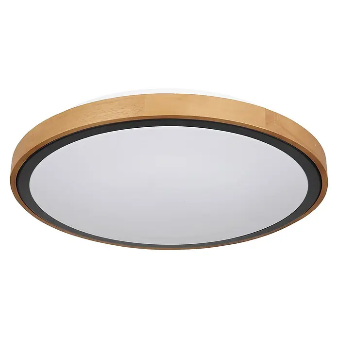Globo LED-Deckenleuchte BRUNO - 24 W, L x B x H: 43,7 x 43,7 x 11 cm, Schwarz, Warmweiß - Nahaufnahme einer runden Deckenleuchte mit Holzrahmen und weißem Diffusor, die ein modernes und warmes Ambiente erzeugt.