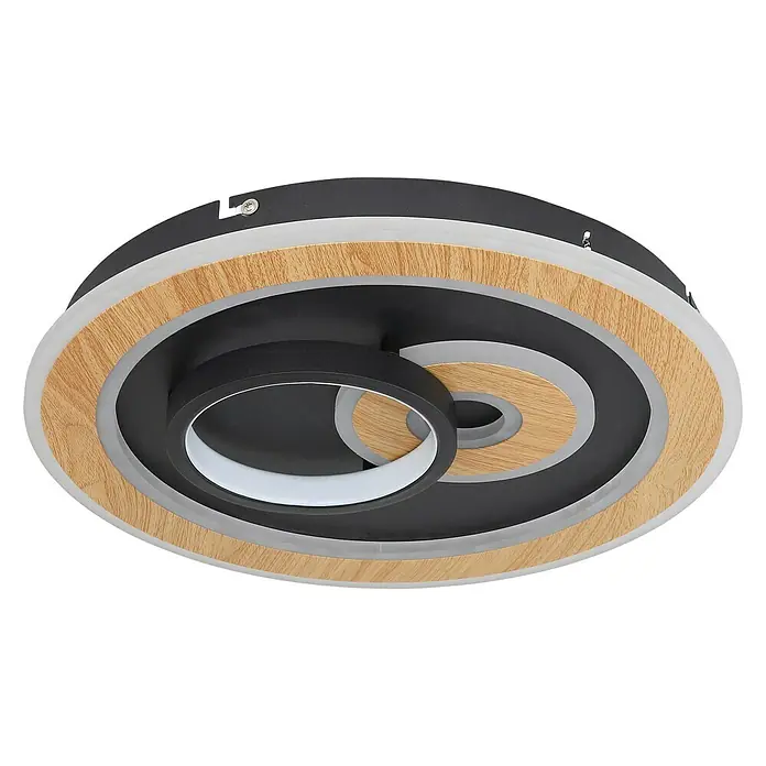Globo LED-Deckenleuchte rund CHESSY - 40 W, Ø x H: 400 mm x 6,5 cm, Schwarz, Warmweiß - Moderne LED-Deckenleuchte mit kreisförmigem Design, Holzoptik und schwarzem Akzent für stilvolle Beleuchtung.
