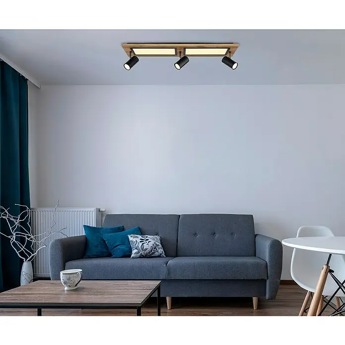 Globo Regleta Ulla - 24 W, L x An x Al: 80 x 20 x 18 cm, Negro, Otros - Lámpara de techo moderna con marco de madera y focos negros, creando un ambiente elegante en cualquier espacio habitable.