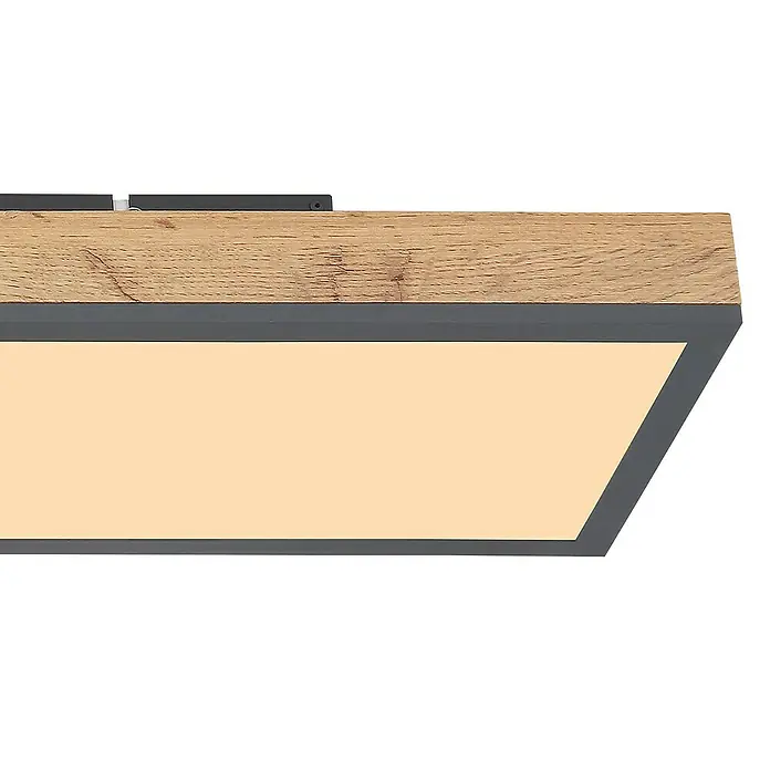 Globo Doro LED-Panel Holzoptik - 24 W, 80 x 20 cm, Holzoptik/Graphit, Warmweiß - Nahaufnahme einer modernen Deckenleuchte mit Holzoberfläche und grauer Umrandung, die ein warmes Licht ausstrahlt.