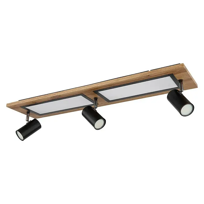 Globo Regleta Ulla - 24 W, L x An x Al: 80 x 20 x 18 cm, Negro, Otros - Lámpara de techo moderna con panel de madera, dos áreas LED y tres focos ajustables para una iluminación personalizada.
