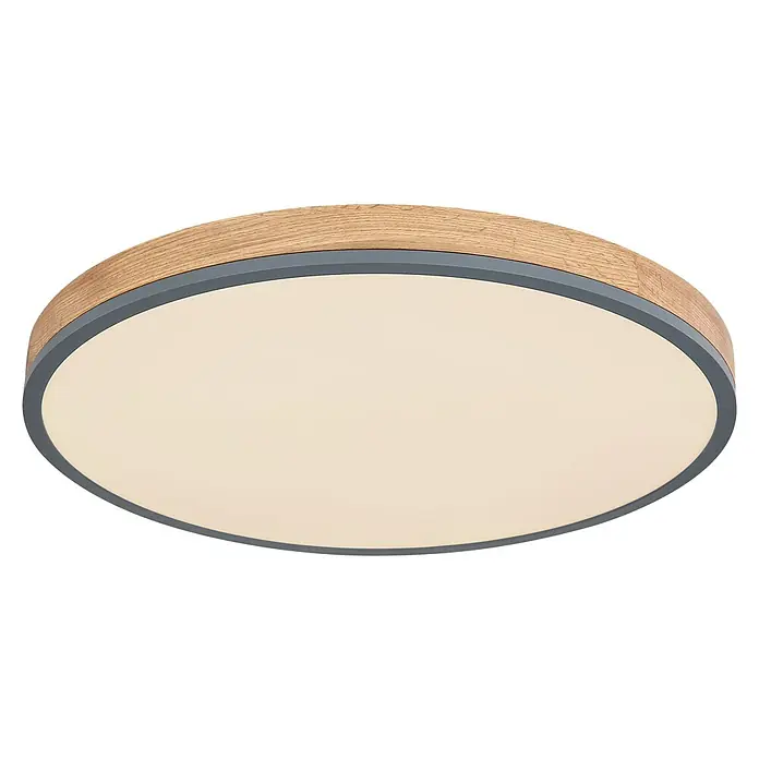 Globo Doro LED-Deckenleuchte rund Holzoptik - 40 W, Durchmesser: 60 cm, Graphit/Holzoptik, Mehrfarbig - Nahaufnahme einer runden Deckenleuchte mit Holzrahmen und grauen Akzenten. Sanftes, diffuses Licht strahlt von der Lampe aus.