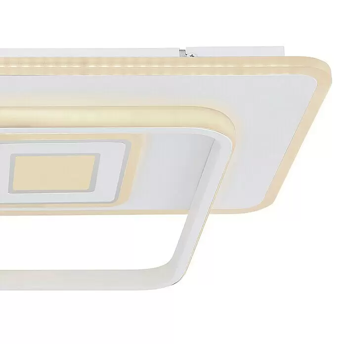 Globo LED-Deckenleuchte RODERICK - 55 W, L x B x H: 44 x 65 x 6 cm, Weiß, Warmweiß - Weiße moderne LED-Deckenleuchte mit geschichtetem, quadratischem Design, die warmgelbes Licht abgibt.
