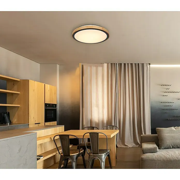 Globo LED-Deckenleuchte BRUNO - 24 W, L x B x H: 43,7 x 43,7 x 11 cm, Schwarz, Warmweiß - Deckenleuchte mit Holzrahmen. Diese Leuchte ist modern und stilvoll und sorgt für eine angenehme Beleuchtung im Raum.