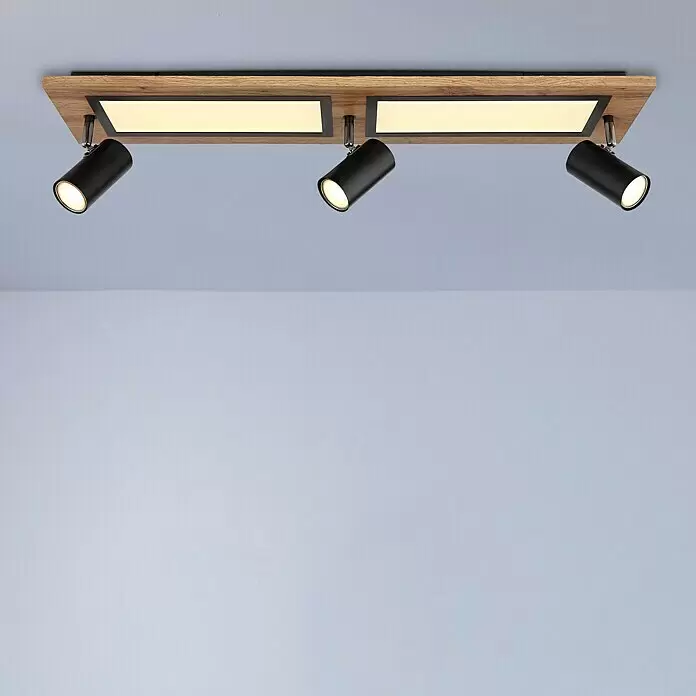 Globo Regleta Ulla - 24 W, L x An x Al: 80 x 20 x 18 cm, Negro, Otros - Plafón de techo de madera con dos paneles LED rectangulares y tres focos negros ajustables.