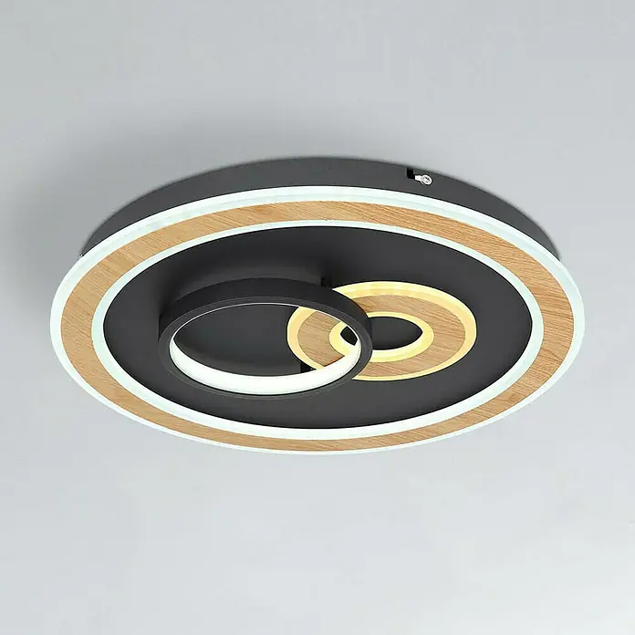 Globo LED-Deckenleuchte rund CHESSY - 40 W, Ø x H: 400 mm x 6,5 cm, Schwarz, Warmweiß - Moderne LED-Deckenleuchte mit Holzdekor und kreisförmigem Design für stilvolle Beleuchtung im Wohnraum.