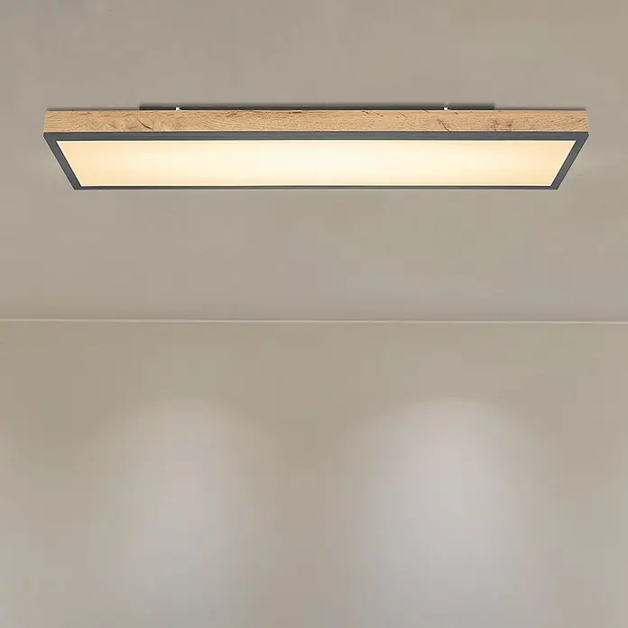 Globo Doro LED-Panel Holzoptik - 24 W, 80 x 20 cm, Holzoptik/Graphit, Mehrfarbig - Moderne Deckenleuchte mit Holzrahmen und sanftem Licht, die eine warme und einladende Atmosphäre im Raum schafft.\n